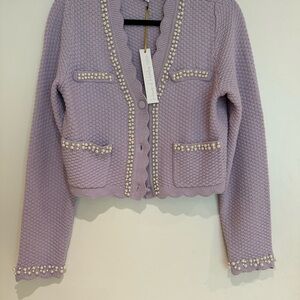 House of Harlow Lavender Pearl-Embellished Sweater Lady Jacket Cardigan Size Med